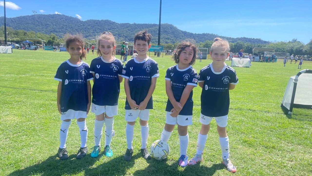 Marlin Coast Rangers U7 Marines Reghanne Davani, Indie Collins, Hudson Morrison, Cru Chapman and Connor Robson celebrate being named Team of the Week. Picture: Marlin Coast Rangers