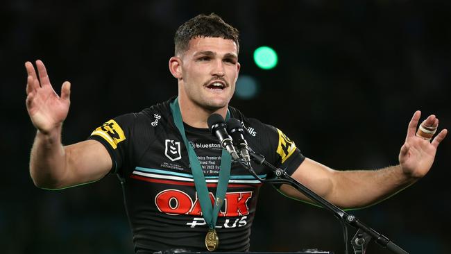 Nathan Cleary receives the Clive Churchill Medal. Picture: Matt King/Getty Images