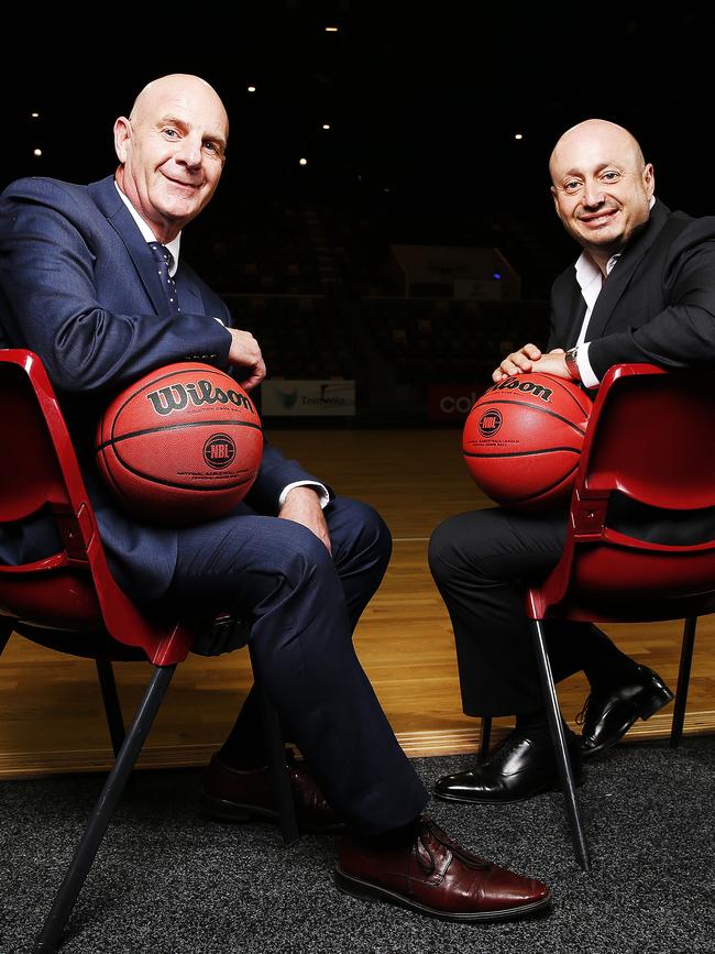 Tasmanian Premier Peter Gutwein and NBL owner and executive chairman Larry Kestelman today announced that the leagues 10th team would be based in Tasmania. Picture: Zak Simmonds