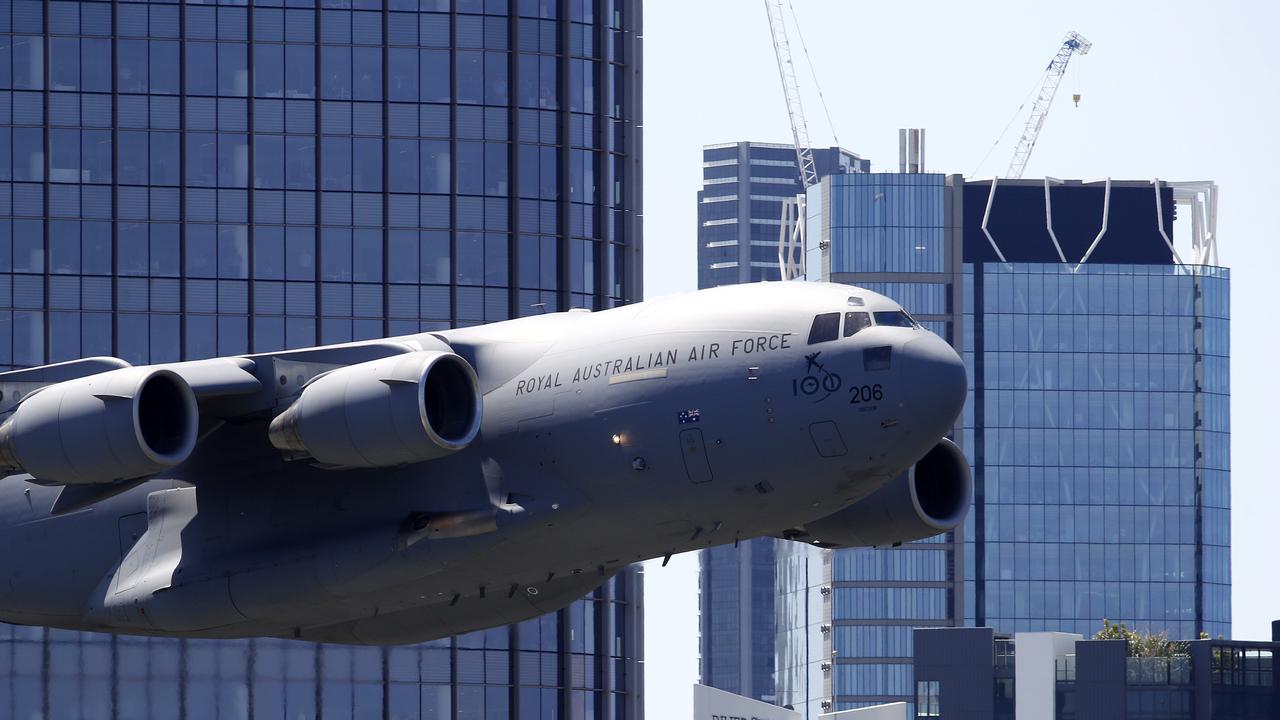 RAAF C-17 Globemaster pictured flying over Brisbane (from the Emporium Hotel) in preparation for its Riverfire Festival display this Saturday. Image/Josh Woning