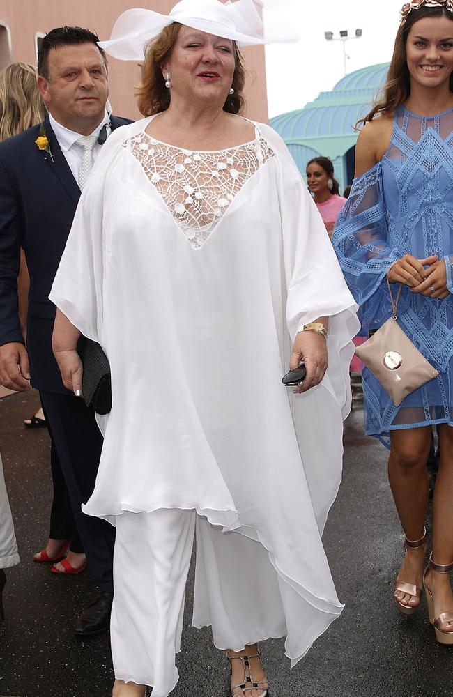 Ms Rinehart arriving at the Furphy Marquee on Melbourne Cup Day at Flemington Racecourse. Picture: Scott Barbour