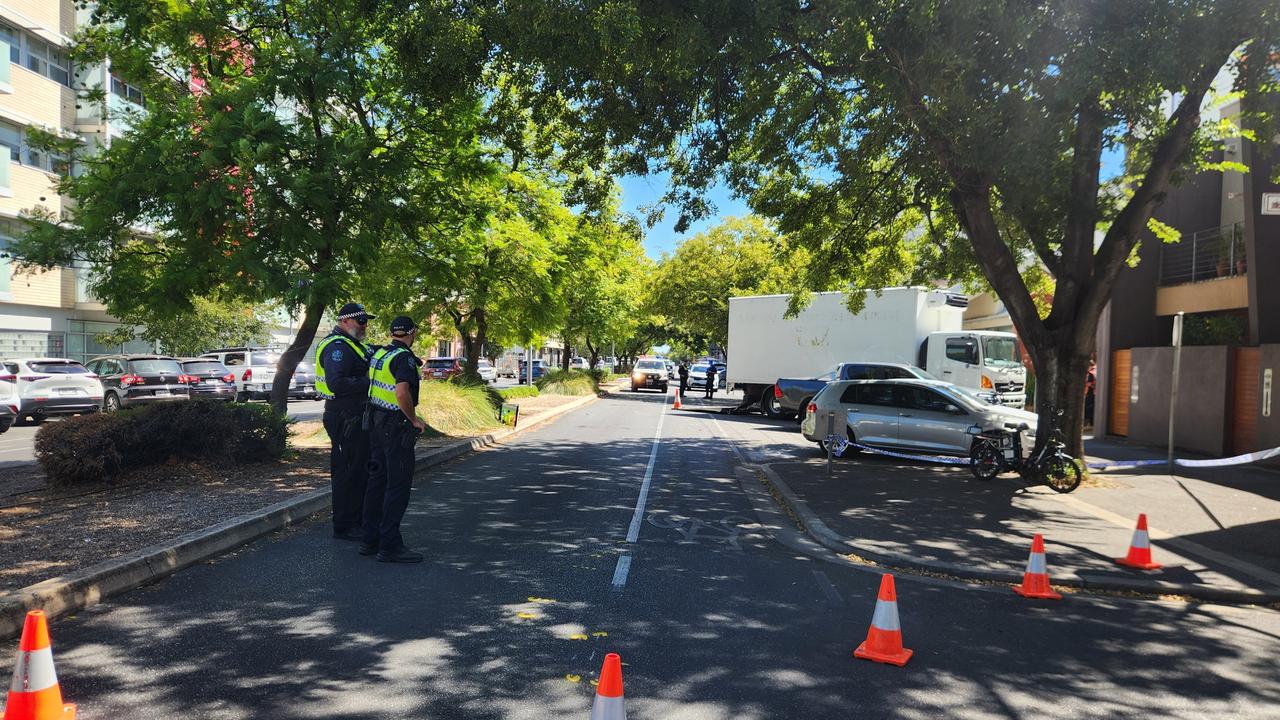 The scene of the serious crash between a cyclist and truck on Halifax St, Adelaide Picture: Darcy Fitzgerald