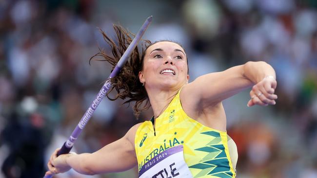 PARIS, FRANCE - AUGUST 10: Mackenzie Little of Team Australia competes in the Women's Javelin Throw Final on day fifteen of the Olympic Games Paris 2024 at Stade de France on August 10, 2024 in Paris, France. (Photo by Patrick Smith/Getty Images)