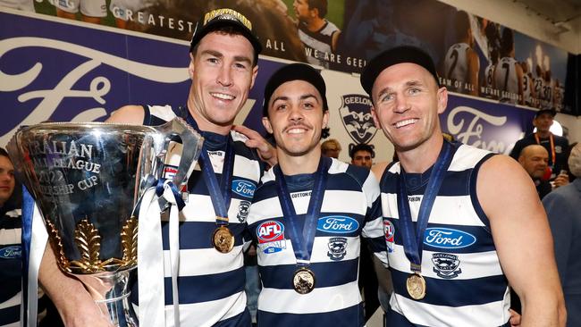 Jeremy Cameron, Brad Close and Joel Selwood. Picture: Getty Images