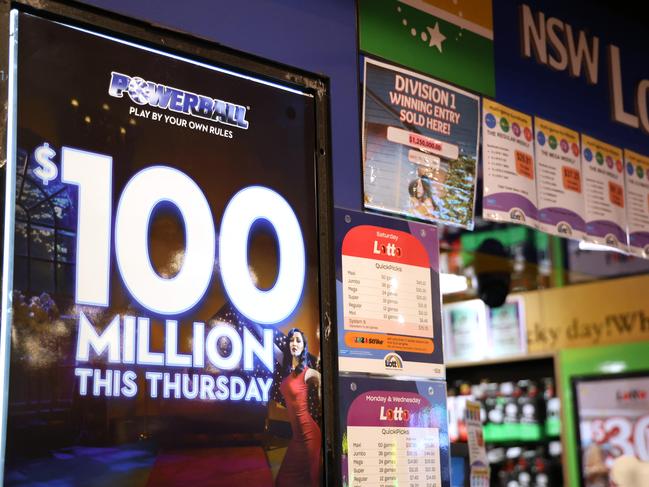 SYDNEY, AUSTRALIA - NewsWire Photos JUNE 20, 2023: Power ball signage at a Newsagent in Town Hall. ThursdayÃs $100m Powerball draw coming up.Picture: NCA NewsWire