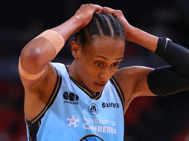 SYDNEY, AUSTRALIA - DECEMBER 05: Brittney Sykes of the Capitals reacts during the round one WNBL match between Sydney Flames and University of Canberra Capitals at Qudos Bank Arena, on December 05, 2021, in Sydney, Australia. (Photo by Jason McCawley/Getty Images)