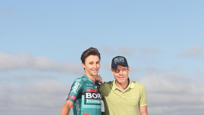 Jai Hindley and Cadel Evans are the only Australians in history to win a Grand Tour. The pair are pictured together at Whites Beach in Torquay ahead of the weekend's Cadel Evans Great Ocean Road Race. Picture: Alan Barber