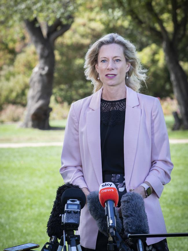 Rebecca White announces her resignation as Tasmanian Labor leader at Richmond. Picture: Chris Kidd