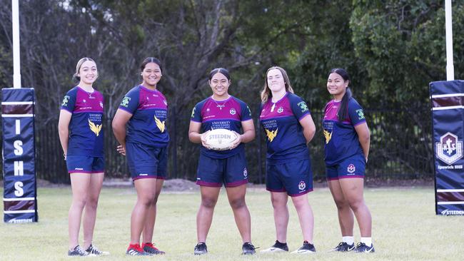 L-R: Ariana Henderson, Lina Tanielu, Shalom Sauaso, Rilee Jorgensen and Dmaris Setu posing at Ipswich State High School, 1 Hunter St, Brassall, Brisbane, 20th of May 2021. (News Corp/Attila Csaszar)