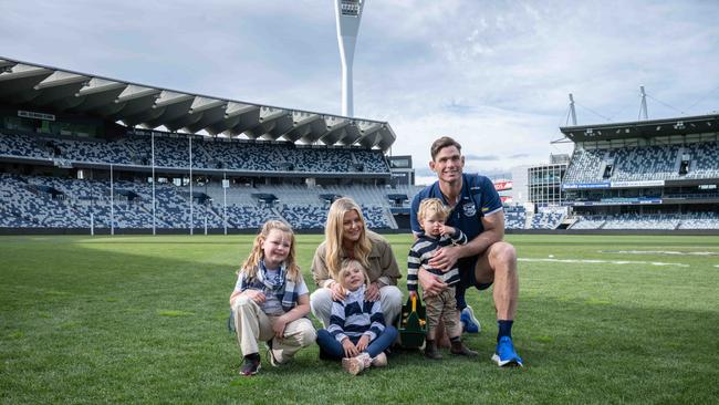 Tom Hawkins announces he will retire from AFL football at the end of the year. Pictured at GMHBA Stadium with wife Emma and children Arabella, Primrose and Henry. Picture: Brad Fleet