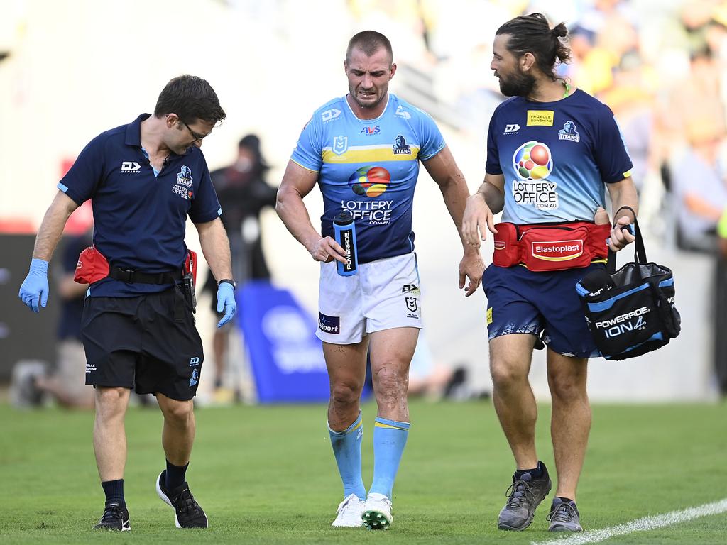 Kieran Foran of the Titans comes from the field after being injured. Picture: Ian Hitchcock/Getty Images