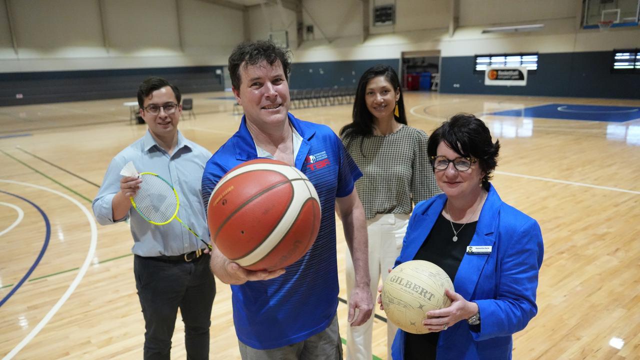 Excited for the expansion of the Clive Berghofer Arena along Herries Street are (from left) St Mary's Old Boys representative Jeremy Cotter, Toowoomba Basketball Association president Jamie Biggar, St Mary's College deputy principal Samantha Parle and Squash Queensland CEO Shantel Netzler.