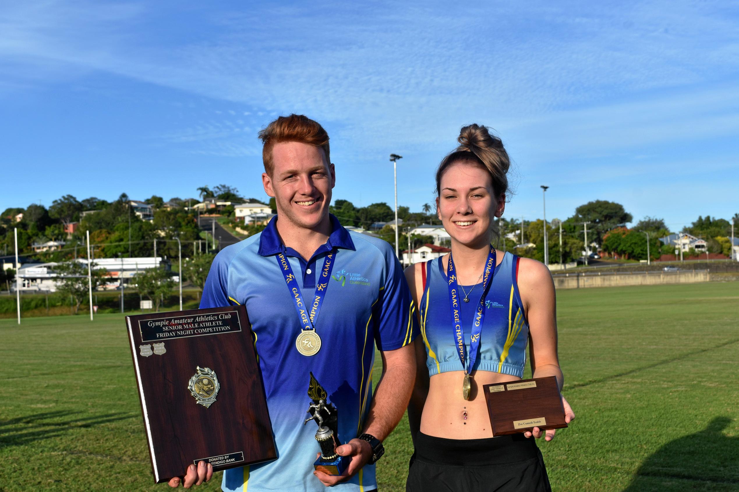 Athletics - Bendigo Bank Shield Senior Male Athlete and open make age champion Matthew Kelly and Open Female age champion Zoe Connell-Teakle. Picture: Bec Singh