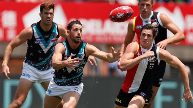 Travis Boak was outstanding in the midfield once again in a best-on-ground performance in the win over St Kilda. Picture: Michael Willson/AFL Photos.