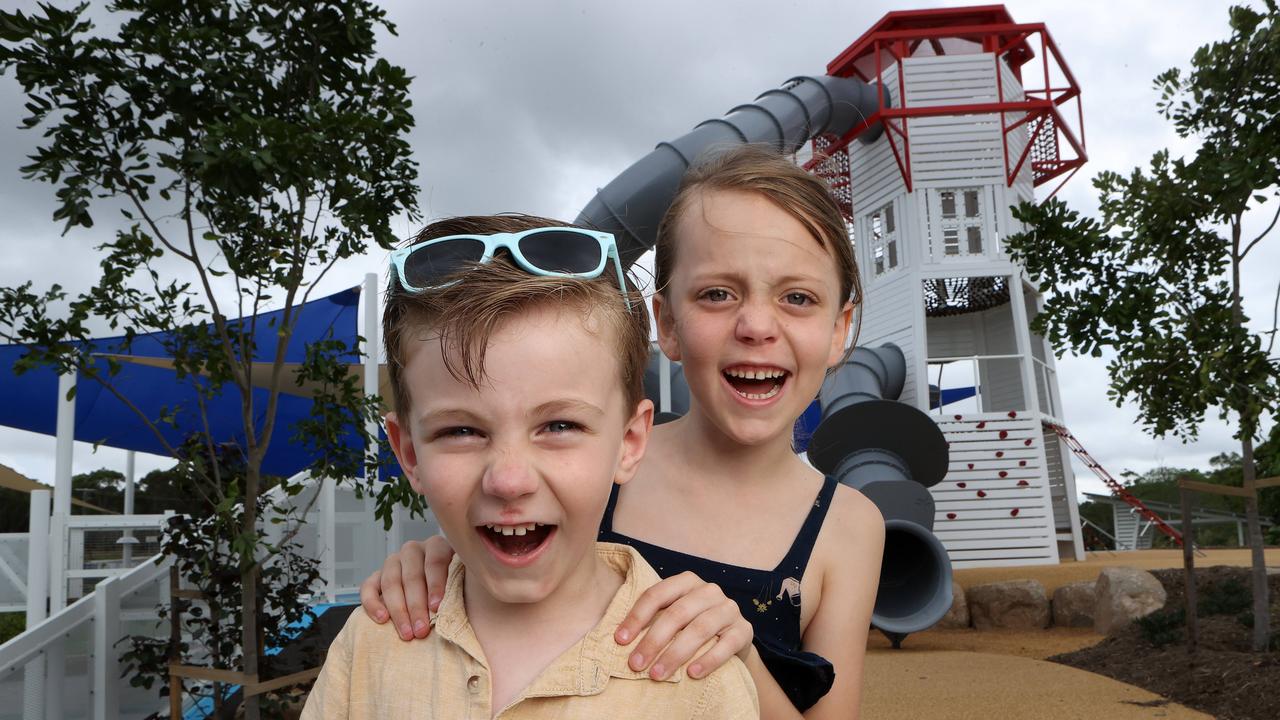 Xavier Walters, 4, and Amelia Berrett, 6, playing at the soon to be opened Jingeri Park, Redland Bay. Picture: Liam Kidston