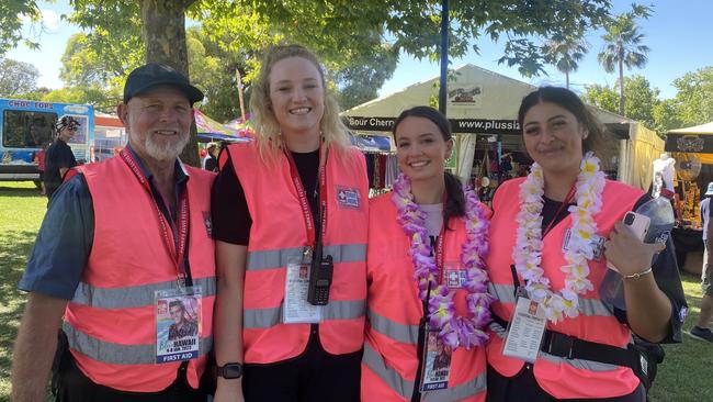 Graham Carney, Nichola Hart, Ava Petersons, and Priscilla Azar providing first aid to visitors at the Elvis Festival in Parkes.