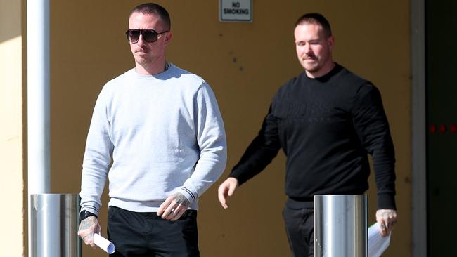 Alleged Descendants bikies Dylan and Jordan Mackie outside Christies Beach Magistrate Court on Thursday. Picture: NCA NewsWire