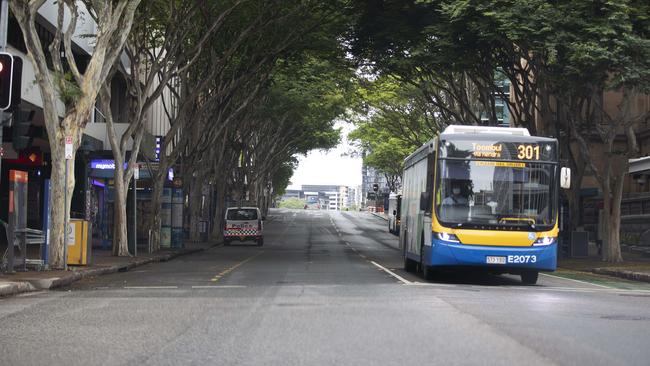 Traffic was light on Adelaide Street, Brisbane City. Picture: News Corp/Attila Csaszar