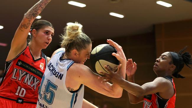 PERTH, AUSTRALIA - MARCH 14: Lauren Jackson of the Flyers rebounds during game two of the WNBL Grand Final series between Perth Lynx and Southside Flyers at Bendat Basketball Stadium, on March 14, 2024, in Perth, Australia. (Photo by Paul Kane/Getty Images)