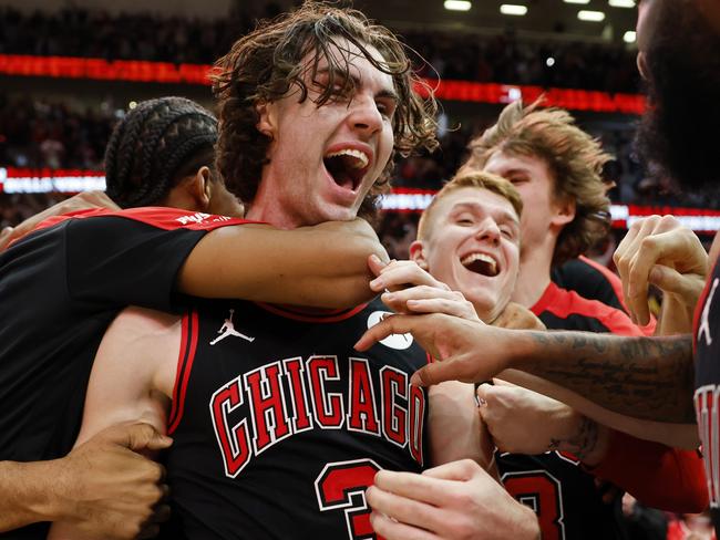 Josh Giddey hit an unforgettable long-range three to seal a famous CHicago Bulls win over LeBron James’s Lakers in March. Picture: Getty Images