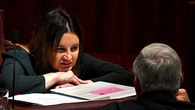 Crossbench senator Jacqui Lambie reacts during debate in the Senate chamber at Parliament House in Canberra today. Picture: AAP