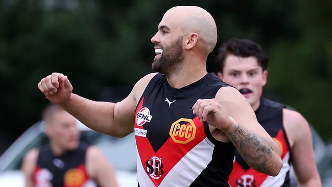 EFL Division 2 2022: South Belgrave v Heathmont at South Belgrave Rec. Reserve. Melbourne. April 2nd 2022.  Sam Brown of South Belgrave celebrates his goal. Picture : George Sal