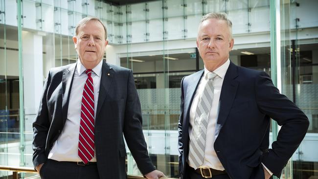 Nine chair Peter Costello with CEO Hugh Marks in happier times. Picture: John Feder