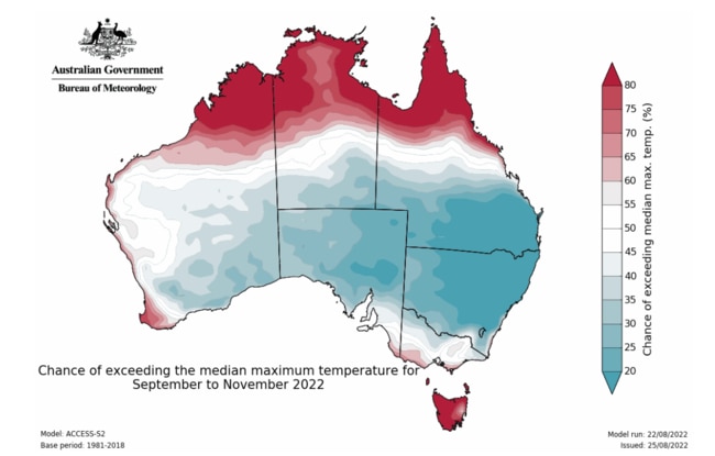 The Bureau of Meteorology is forecasting cooler daytime temperatures for most of the country, while northern Australian, the west coast, southern Victoria and Tasmania to experience warmer than usual temperatures. Picture: Bureau of Meteorology