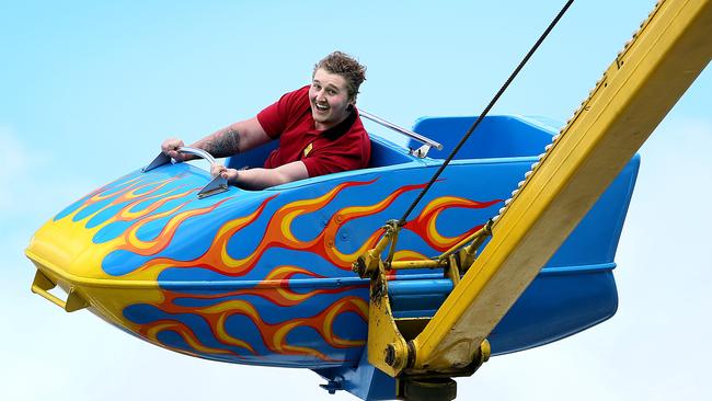 Corey Blanch, 19, of Risdon Vale, has a blast on the Hurricane ride. Pictures: SAM ROSEWARNE