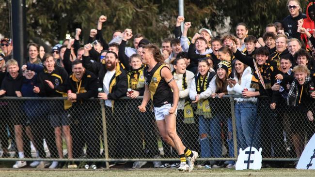 Guy Laughlin celebrates a goal. Picture: Davis Harrigan