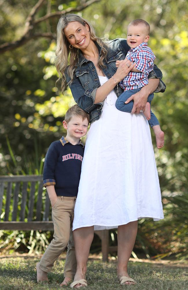 Laura Geitz at home with sons Barney, three, and Frank, 11 months, as she announces she’s expecting her third child. Picture: Peter Wallis