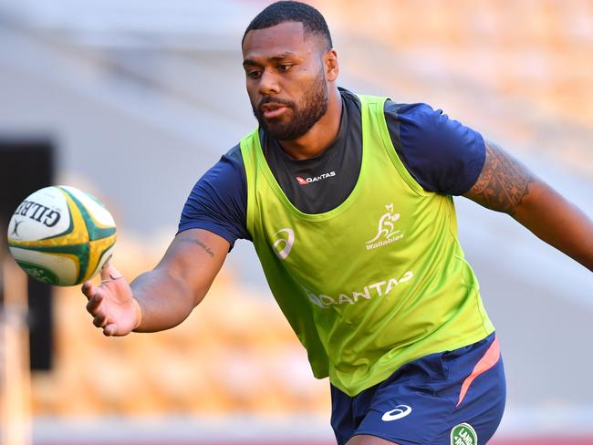 Samu Kerevi in action during Wallabies training at Suncorp Stadium in Brisbane, Tuesday, July 23, 2019. Australia are playing Argentina in their Rugby Championship match on Saturday night at Suncorp Stadium in Brisbane. (AAP Image/Darren England) NO ARCHIVING