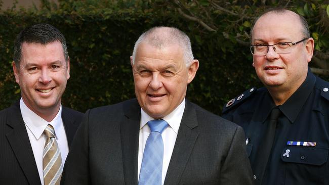 VIC_HS_NEWS_STRESSEDCOPS_10SEPT15 Police Minister Wade Noonan , union boss Ron Iddles with Chief Commissioner Graham Ashton as they reveal new tactic to tackle mental health problems in the force. Picture.Andrew Tauber