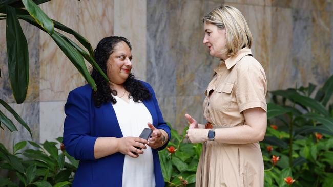 Cairns and Hinterland Hospital and Health Service chief executive Leena Singh speaks with Queensland Health Minister Shannon Fentiman at the Cairns Hospital. Picture: Brendan Radke