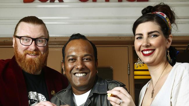 From left, Randwick Ritz cinema general manager Lachlan McLeod, Sydney Film Festival director Nashen Moodley and Randwick Ritz events manager Ashleigh Nicholls at the Ritz Cinema in Randwick. Picture: John Appleyard