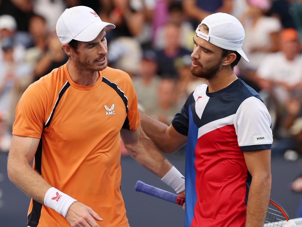 Murray walks off with Machac after the match. (Photo by Al Bello/Getty Images)