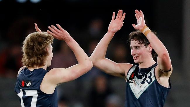 Bailey Macdonald and Elijah Tsatas celebrate a goal during the AFL under 18 national championships. Picture: Getty Images