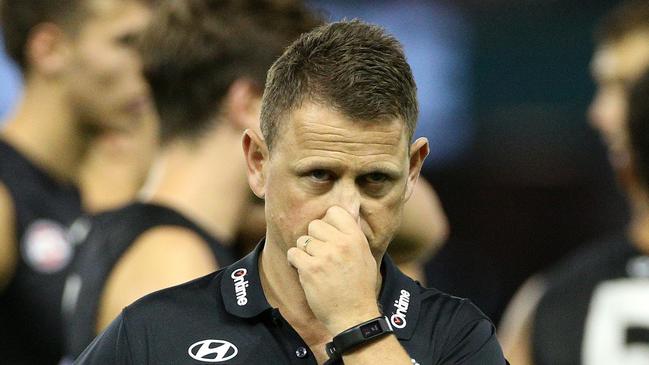 Blues coach Brendon Bolton is seen during the Round 7 AFL match between the Carlton Blues and the North Melbourne Kangaroos at Marvel Stadium in Melbourne, Sunday, May 5, 2019. Pic: AAP 