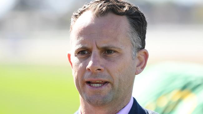 Melbourne Racing Club CEO Josh Blanksby speaks to journalists ahead of the Caulfield Cup at Caulfield Racecourse in Melbourne, Friday, October 19, 2018. (AAP Image/Julian Smith) NO ARCHIVING