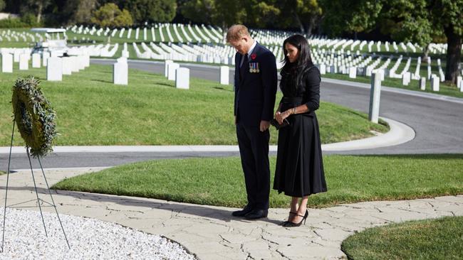 The Duke and Duchess of Sussex held their own wreath-laying ceremony on Remembrance Sunday in Los Angeles. Picture: Lee Morgan