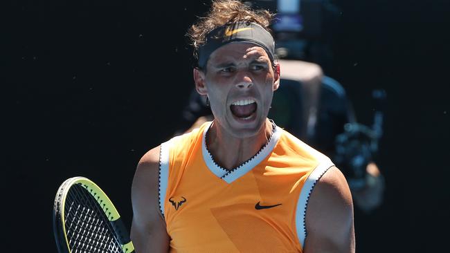 Rafael Nadal celebrates his first round victory. Picture: Michael Klein