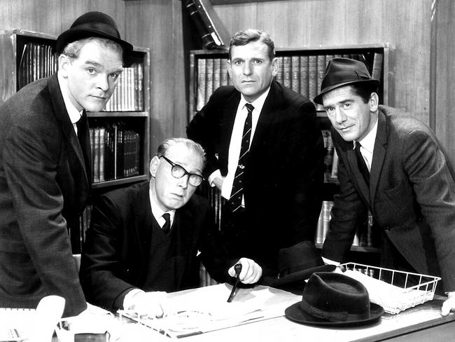 Undated. Actors (L-R) George Mallaby, Jack Fegan, Leonard Teale and Les Dayman in the 1964 TV show &Homicide&. Picture: Supplied