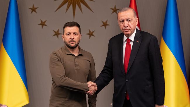 Volodymyr Zelensky with Recep Tayyip Erdogan: Turkey is offering warships to escort Ukrainian grain deliveries through the Black Sea. Picture: Getty Images.