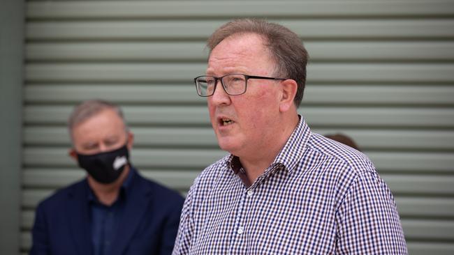 "It shouldn't have taken a by-election for some response from our NSW Government," said Labor candidate for Bega, Michael Holland with Labor leader Anthony Albanese, left, after the announcement that the new Moruya hospital would open at Level 4. Outside Moruya RFS Hall, January 27, 2022 Photo: Nathan Schmidt