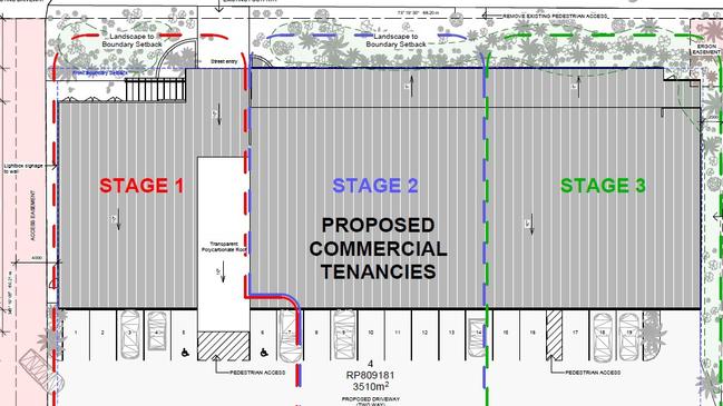 Plans included in the proposal show a centre with three tenancies to be built in three stages, with 47 car parks and landscaping between the building and Bourbong St.