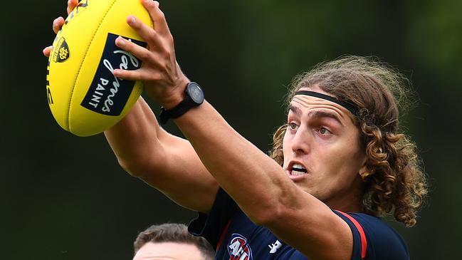 Luke Jackson marks at Demons training during his first pre-season at the club. Picture: Quinn Rooney/Getty Images