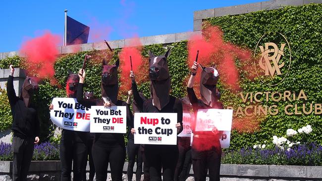 People for the Ethical Treatment of Animals (PETA) protest against the Melbourne Cup. Picture: PETA.