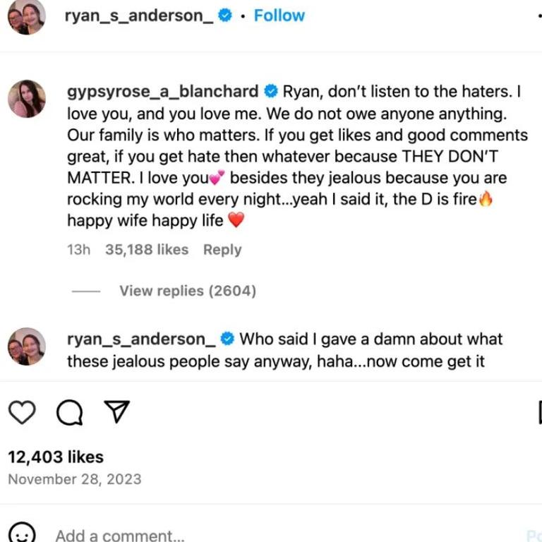 Blanchard made a declaration about her sex life while defending her husband from 'haters' on social media. Picture: Instagram