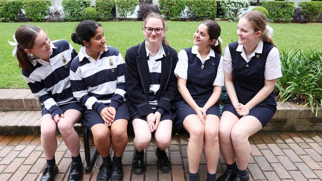 Year 12 students at SCEGGS Teagan Barrack, Ilana Patkar, Bella Stern, Ariane Moisidis and Julia Richards after completing their first English exam. Picture: Rohan Kelly