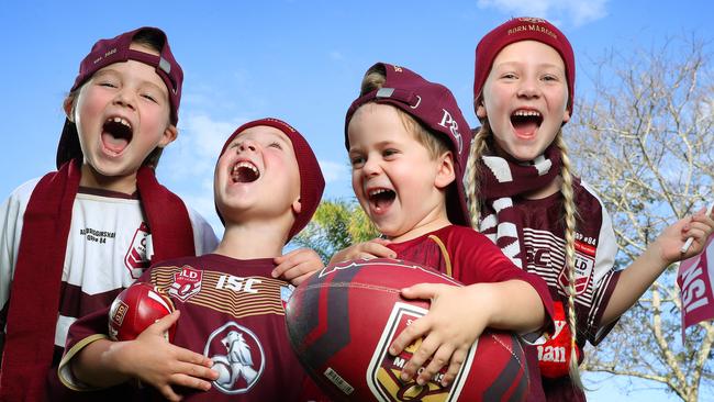 Alfie, 4, Addison, 6, Sidney, 4, and Clemintine, 7, are ready to scream Queenslander for the Maroons women at Sunshine Coast Stadium on Friday night. Picture: Liam Kidston.